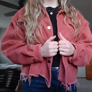 Mauve Red Distressed Corduroy Shacket Jacket